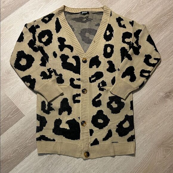 BTFBM Sweaters - BTFBM Tan and Black Leopard V Neck Long Cardigan with Pockets